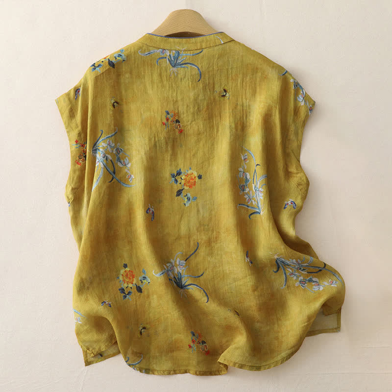 Buddha Stones Summer Tang Style Vintage Frog Button Orchid Floral Women's Sleeveless Shirts Tank Top