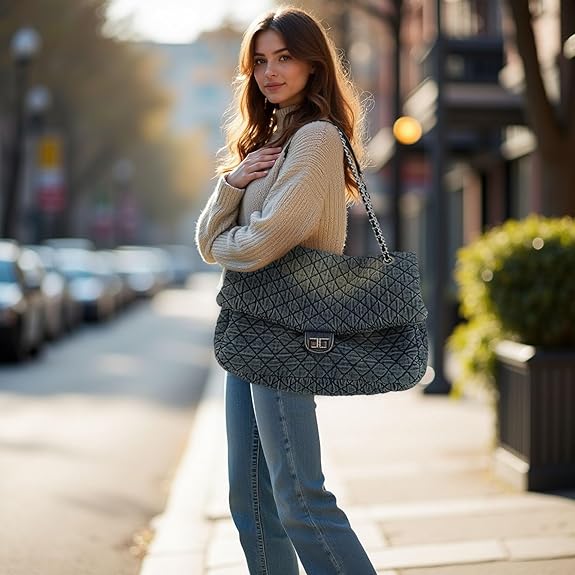 Distressed Quilted Denim Shoulder Bag