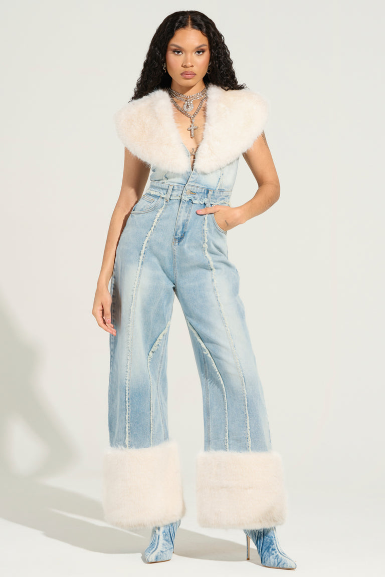 DENIM FUR JUMPSUIT IN VINTAGE BLUE