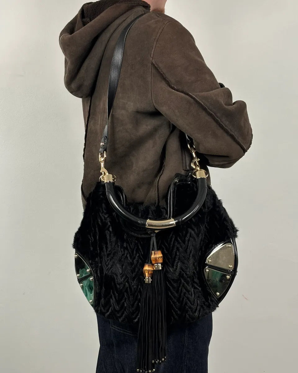 Black Karakul Indy Fur Bamboo Handle Bag