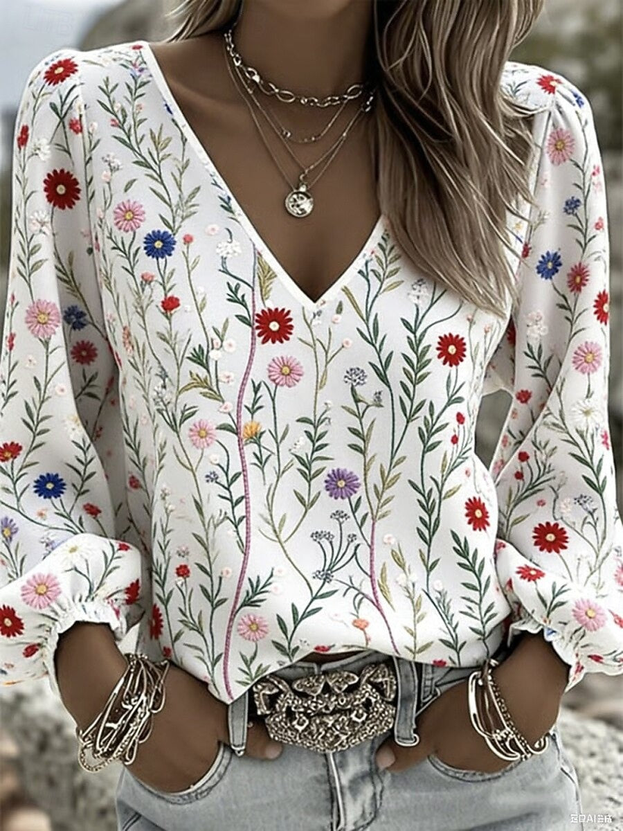 Women's Graphic Bohemia Vacation Vintage Lantern Sleeve V Neck Tops
