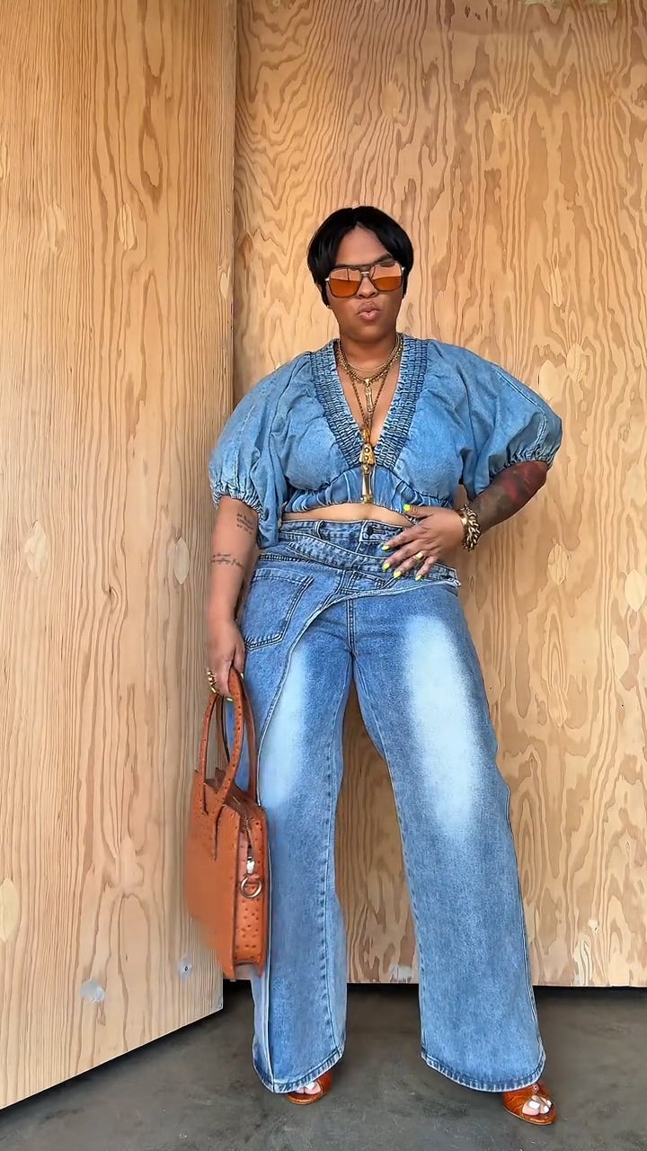 Denim Puff Sleeve Cropped Top & Paige Denim Jeans Set