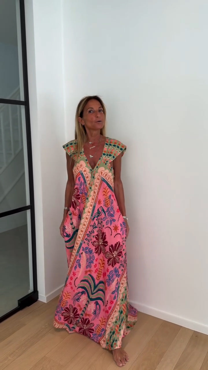Flowy Chiffon Maxi Dress - Cap Sleeve Deep V-Neck Print