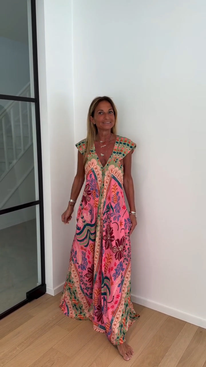 Flowy Chiffon Maxi Dress - Cap Sleeve Deep V-Neck Print