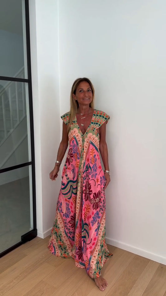 Flowy Chiffon Maxi Dress - Cap Sleeve Deep V-Neck Print