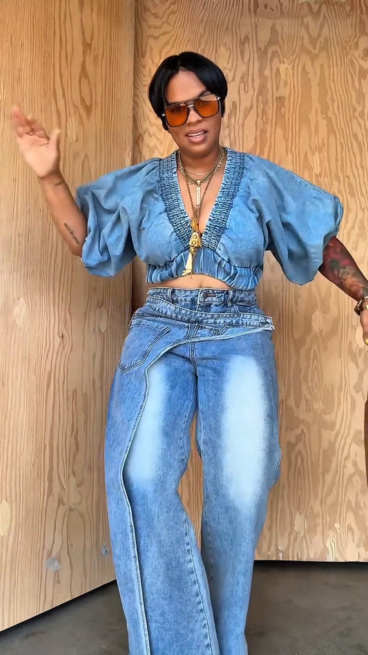 Denim Puff Sleeve Cropped Top & Paige Denim Jeans Set