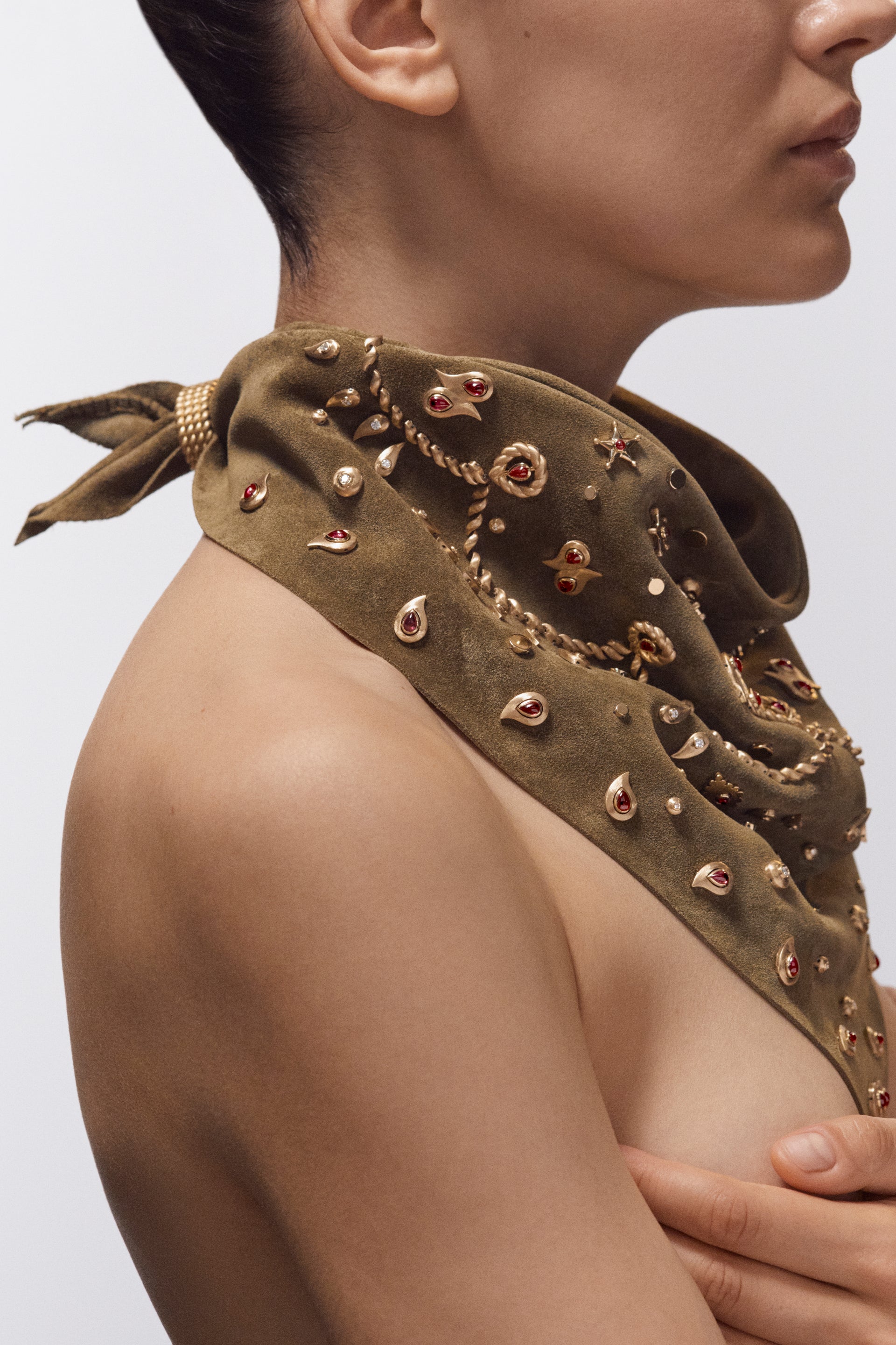Khaki Suede Leather High jewelry bandana