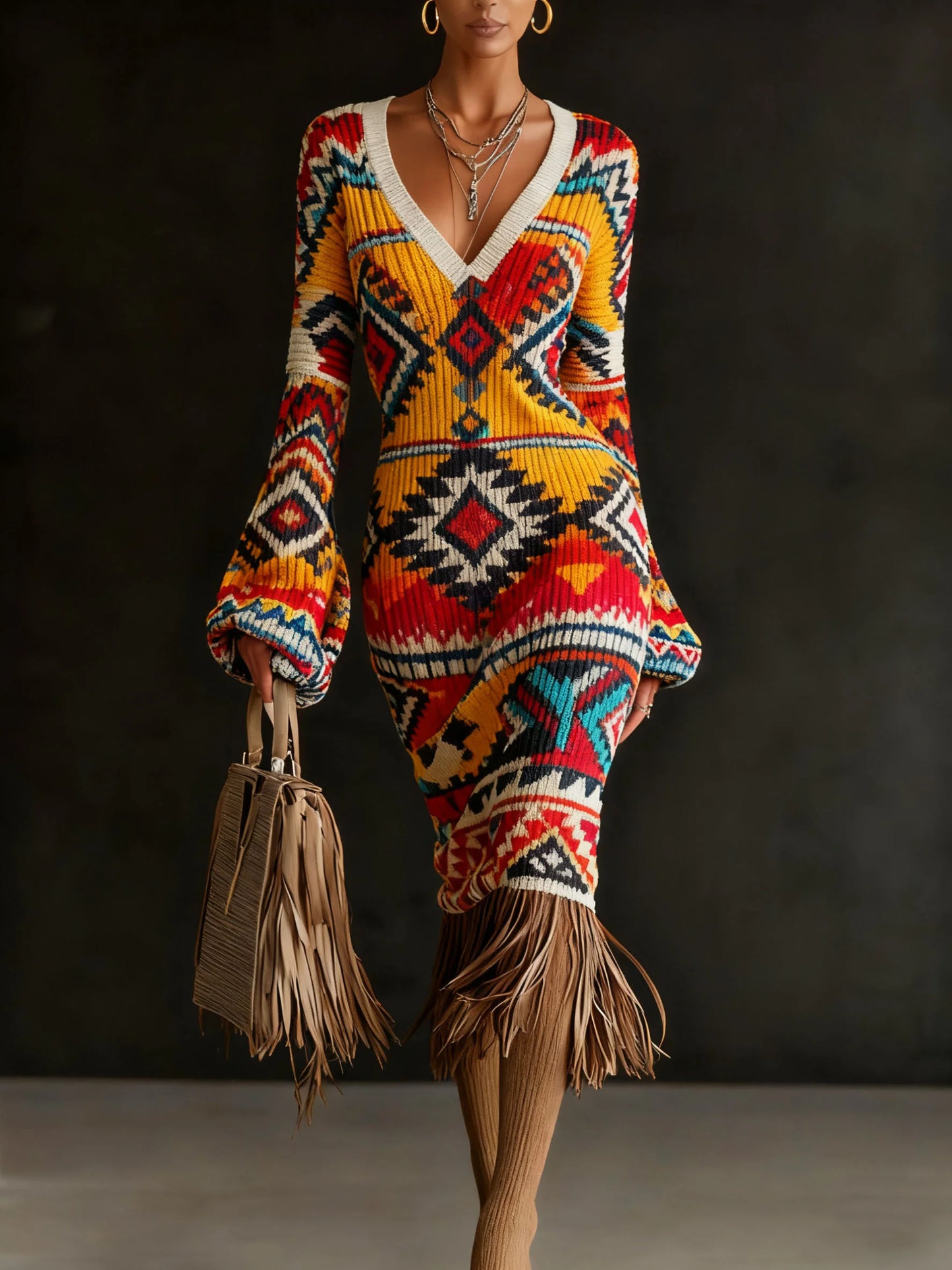 Lantern Sleeve Printed Tassel Maxi Dress