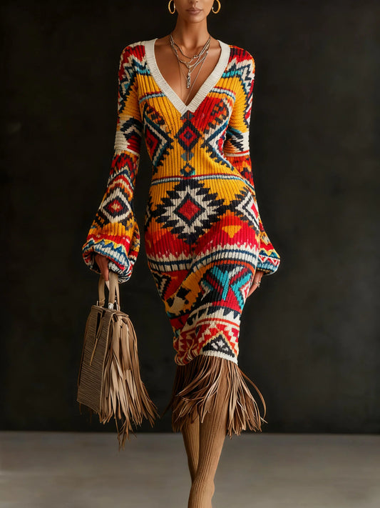 Lantern Sleeve Printed Tassel Maxi Dress