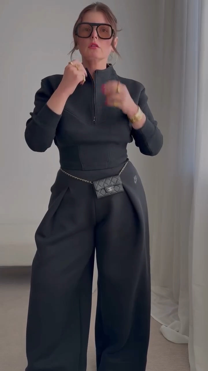 Cropped 1/2-Zip Top & High-Waisted Pleated Pants Set