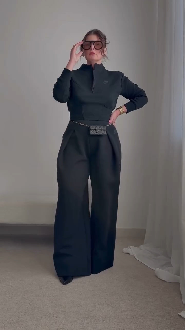 Cropped 1/2-Zip Top & High-Waisted Pleated Pants Set