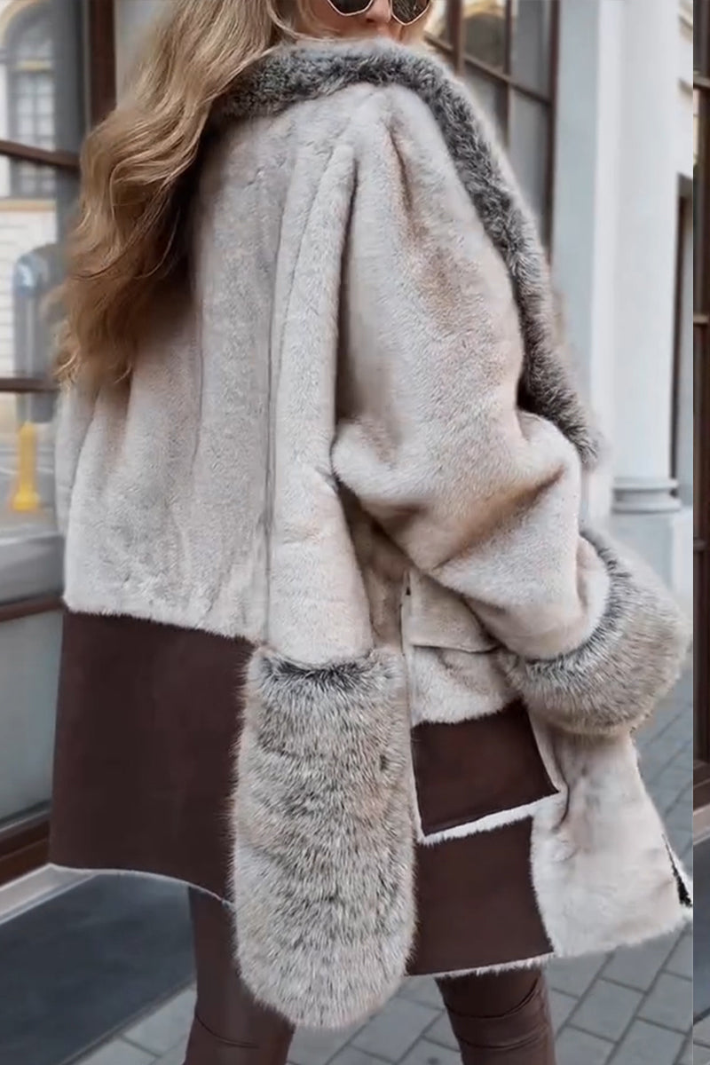 Fur Collar Patchwork Contrast Color Temperament  Coat
