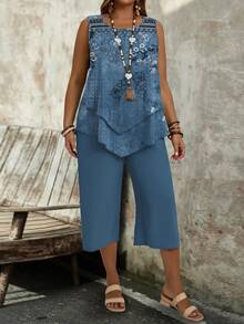Floral Print Round Neck Tank Top & Wide Leg 3/4 Pants 2 Pieces Set