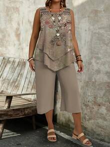 Floral Print Round Neck Tank Top & Wide Leg 3/4 Pants 2 Pieces Set