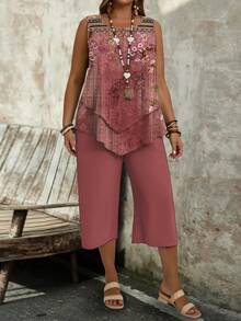 Floral Print Round Neck Tank Top & Wide Leg 3/4 Pants 2 Pieces Set
