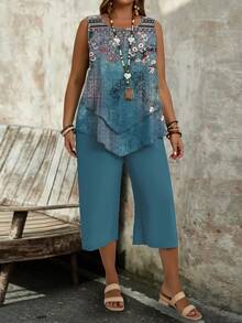 Floral Print Round Neck Tank Top & Wide Leg 3/4 Pants 2 Pieces Set