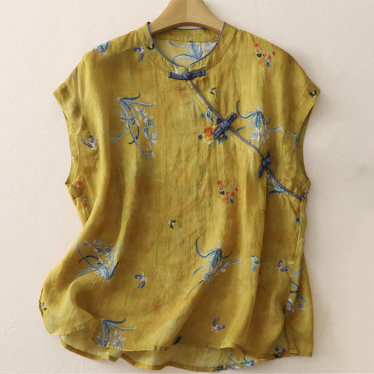 Buddha Stones Summer Tang Style Vintage Frog Button Orchid Floral Women's Sleeveless Shirts Tank Top