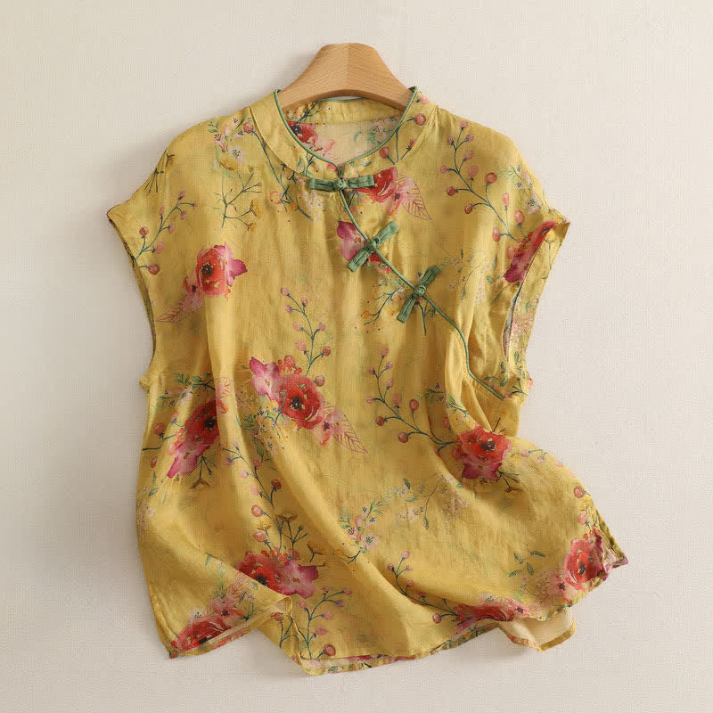 Buddha Stones Summer Tang Style Vintage Frog Button Orchid Floral Women's Sleeveless Shirts Tank Top