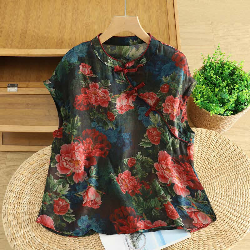 Buddha Stones Summer Tang Style Vintage Frog Button Orchid Floral Women's Sleeveless Shirts Tank Top