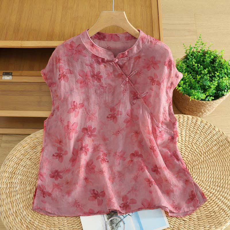 Buddha Stones Summer Tang Style Vintage Frog Button Orchid Floral Women's Sleeveless Shirts Tank Top