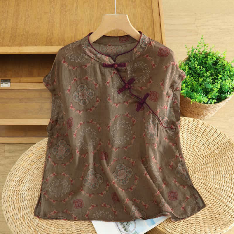 Buddha Stones Summer Tang Style Vintage Frog Button Orchid Floral Women's Sleeveless Shirts Tank Top