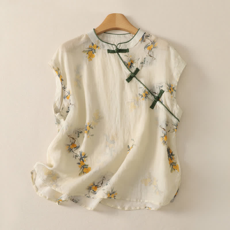 Buddha Stones Summer Tang Style Vintage Frog Button Orchid Floral Women's Sleeveless Shirts Tank Top