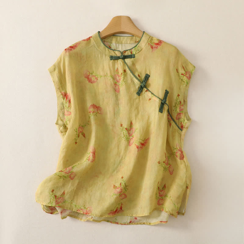 Buddha Stones Summer Tang Style Vintage Frog Button Orchid Floral Women's Sleeveless Shirts Tank Top