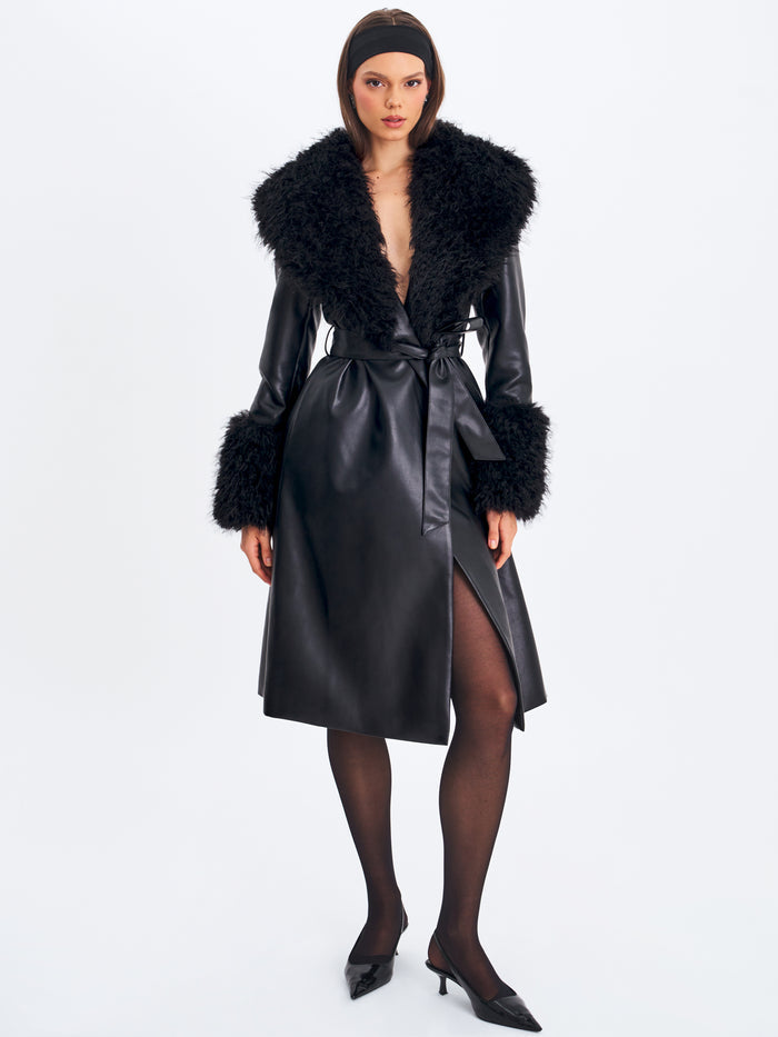 Black Faux Fur Trimmed Longline Coat