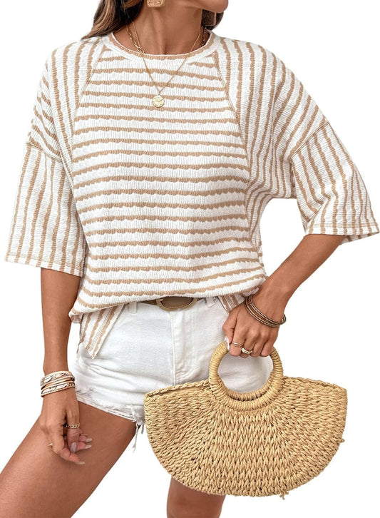 Womens Summer Tops Oversized Tshirts for Women Striped Color Block Short Sleeve T Shirts Crewneck Casual Tee Blouses