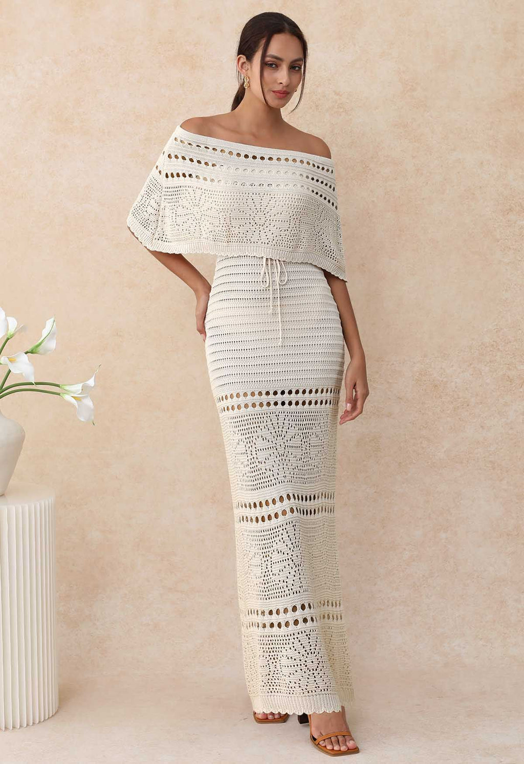 Off-Shoulder Open-Knit Crochet Twinset Dress