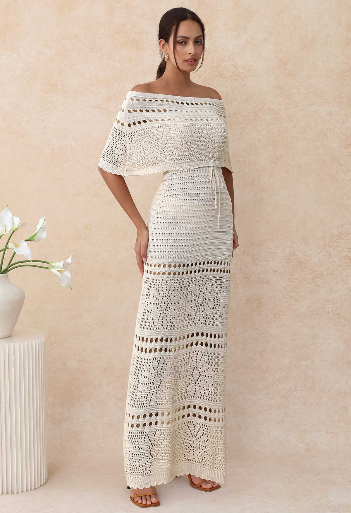 Off-Shoulder Open-Knit Crochet Twinset Dress