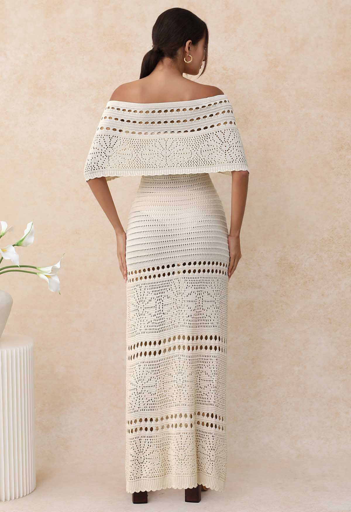 Off-Shoulder Open-Knit Crochet Twinset Dress