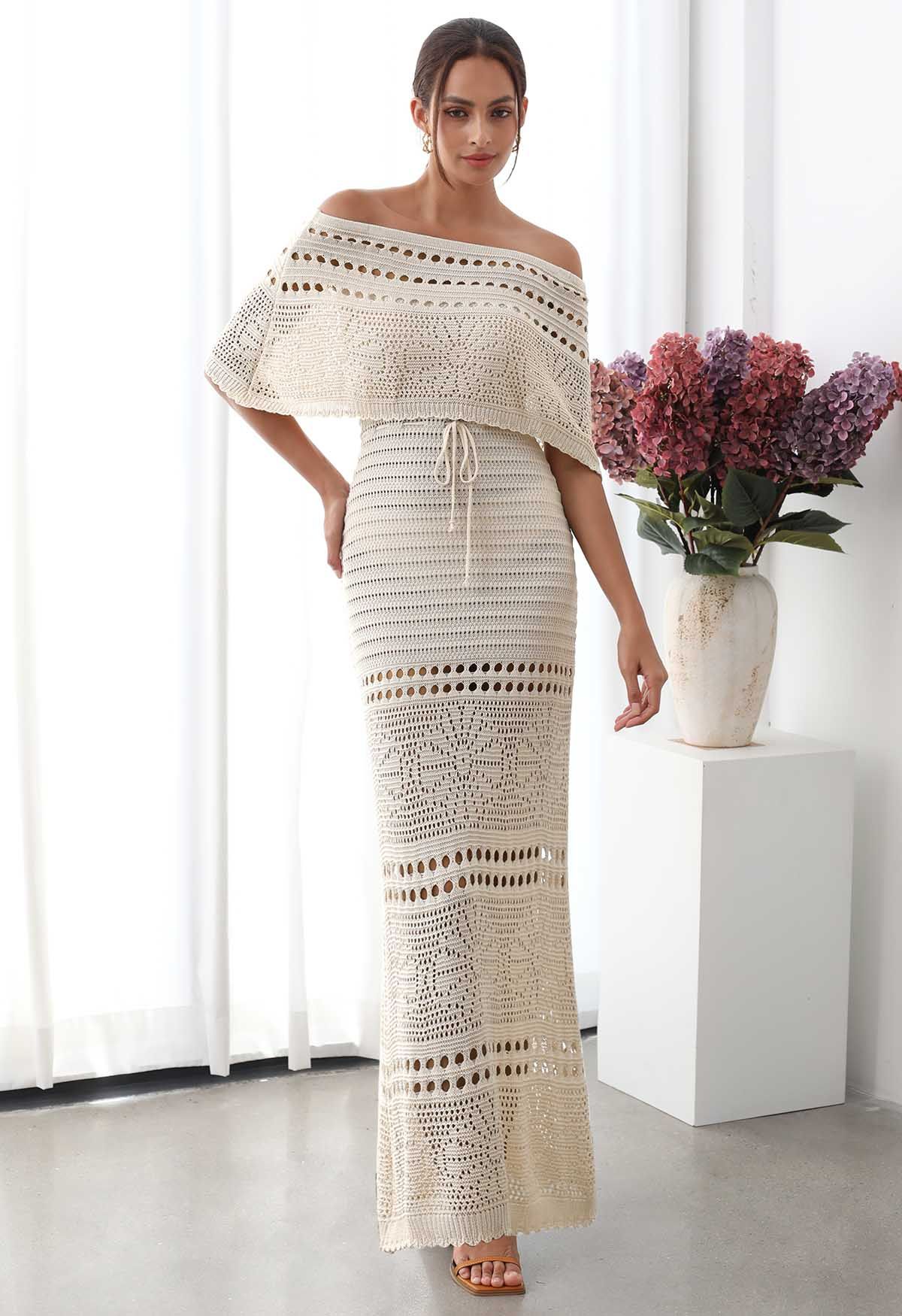 Off-Shoulder Open-Knit Crochet Twinset Dress