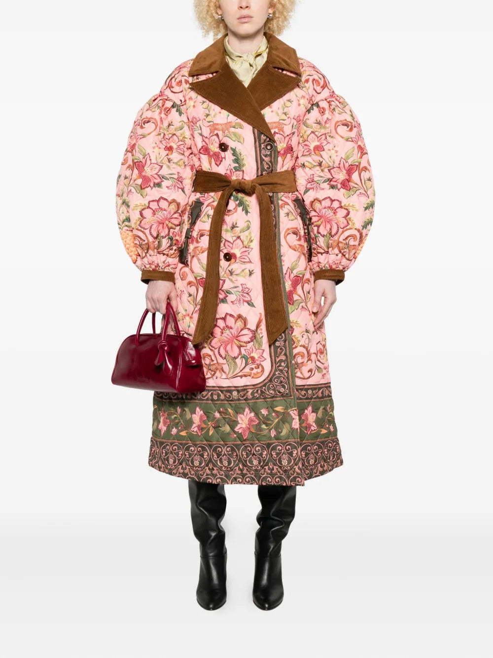 Floral quilted belted double-breasted coat