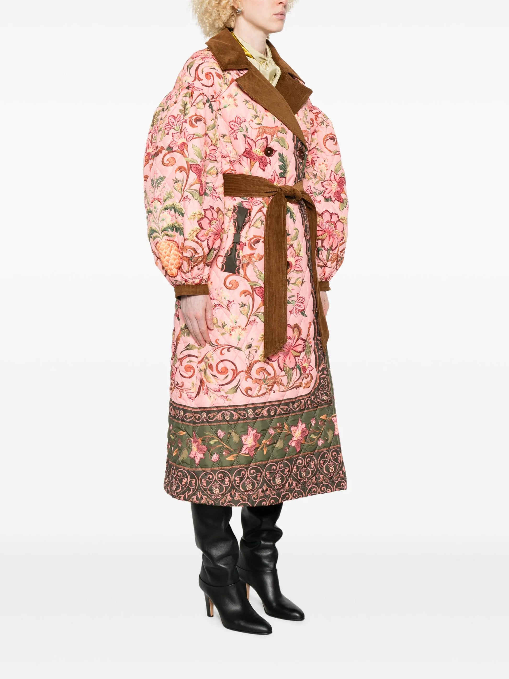 Floral quilted belted double-breasted coat