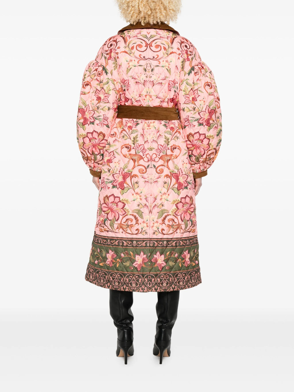 Floral quilted belted double-breasted coat