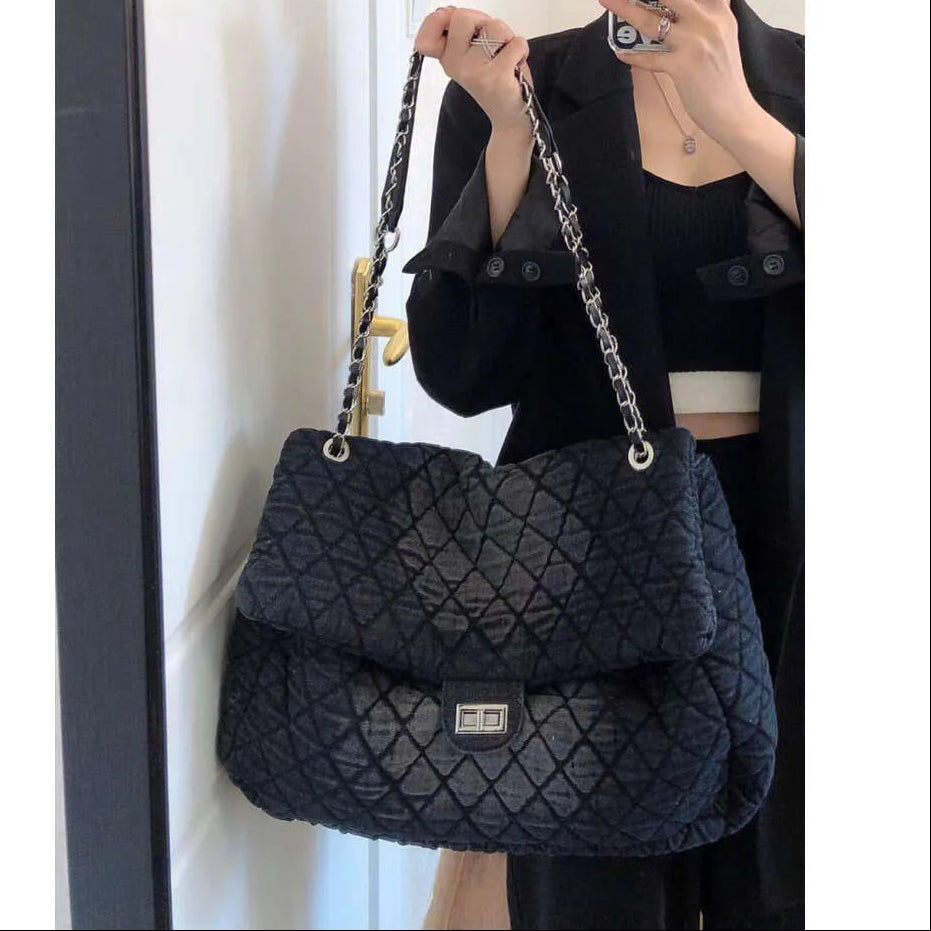 Distressed Quilted  Denim Shoulder Bag