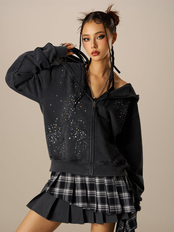 Rhinestone Zip Up  Hoodie