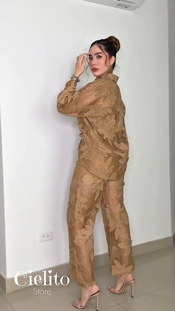 Linen Mix Flower Embroider Shirt & Trouser Co-ord