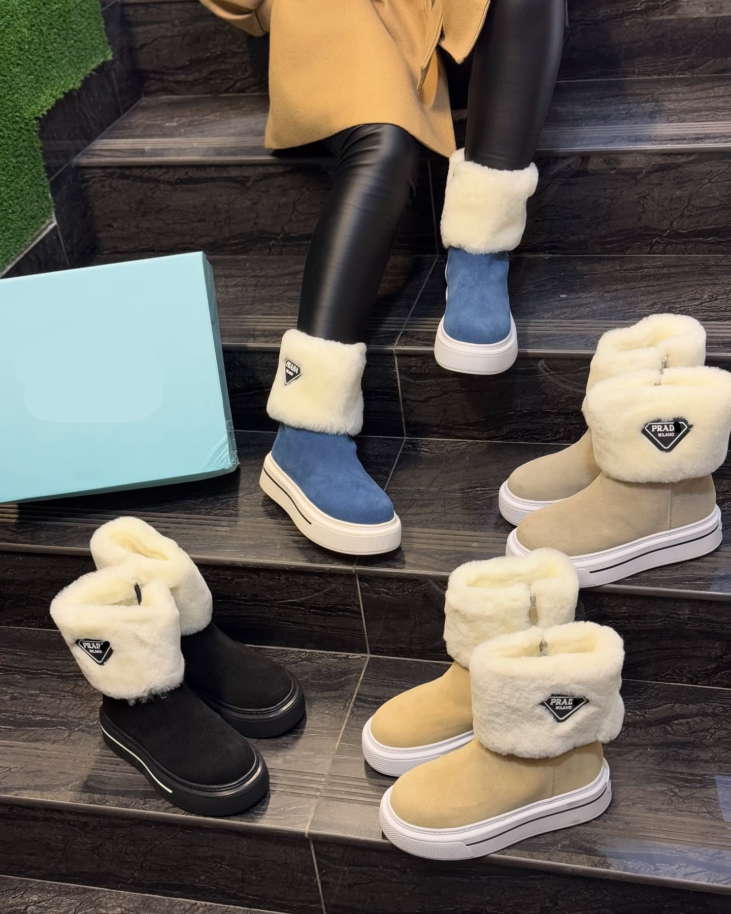 Shearling and leather ankle boots