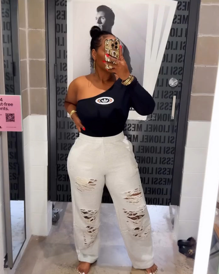 One-Shoulder long sleeve & Originals Distressed sweatpants Set