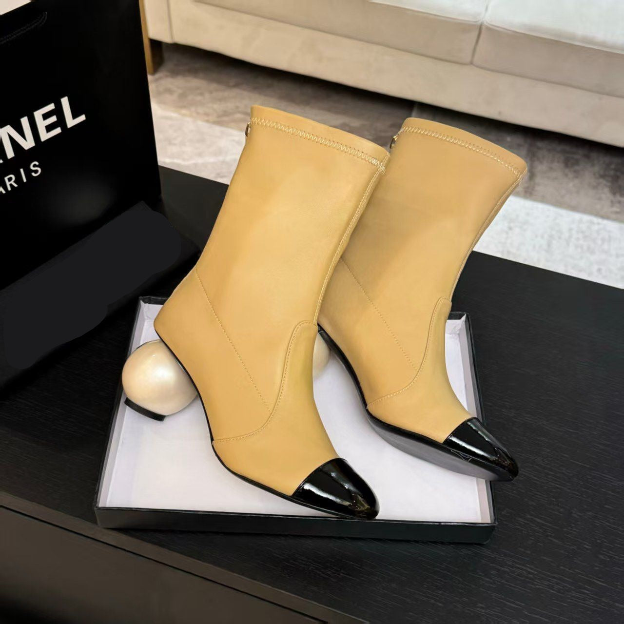 Color-Blocked Pearl Ball Heel Boots