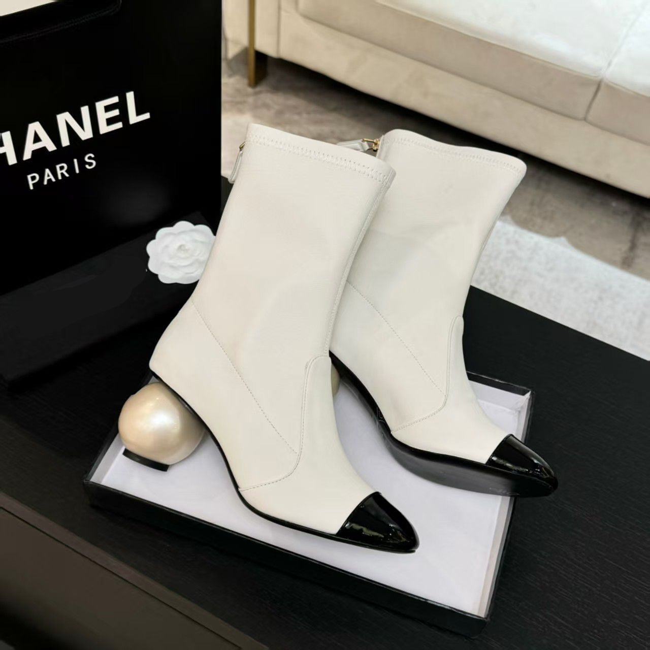 Color-Blocked Pearl Ball Heel Boots