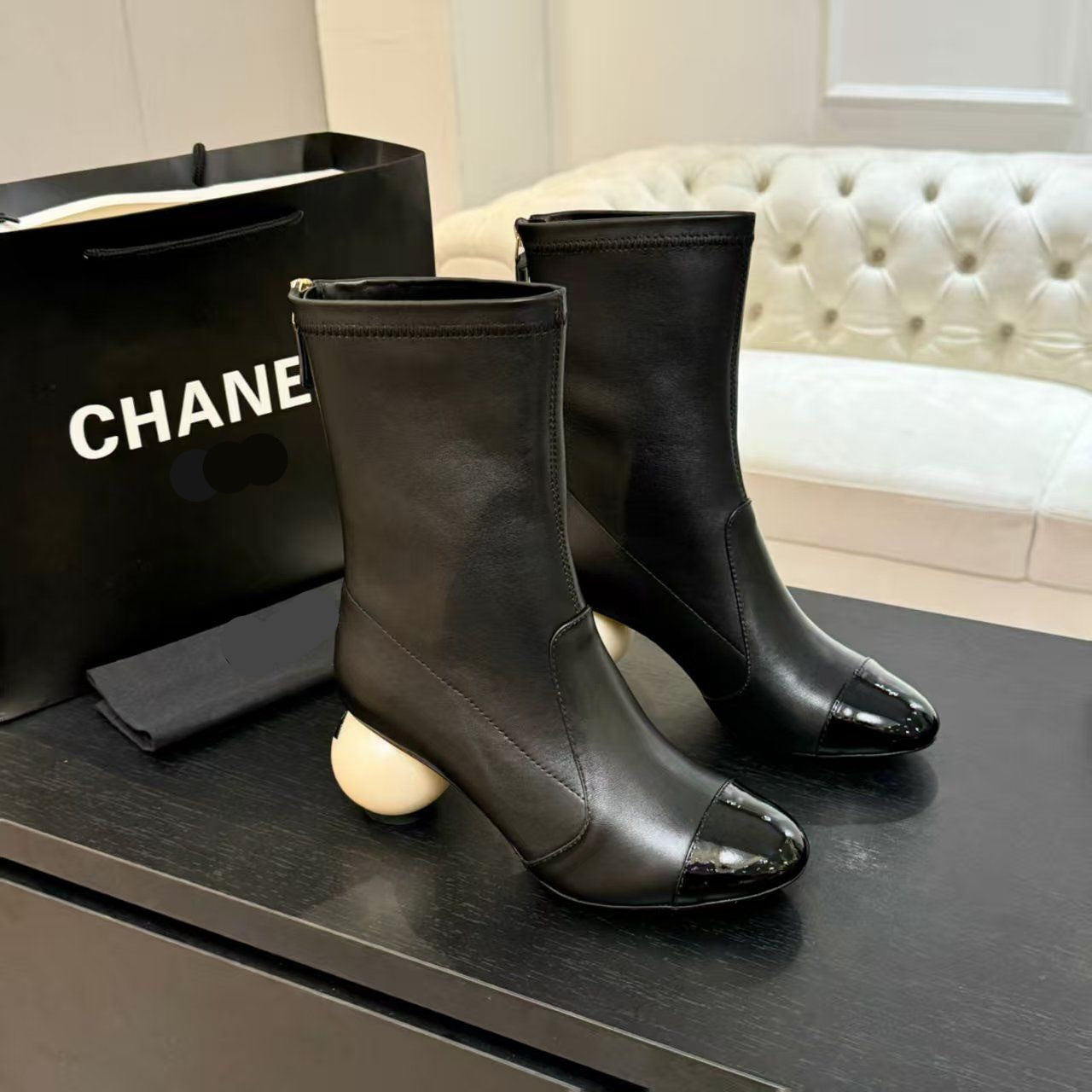 Color-Blocked Pearl Ball Heel Boots