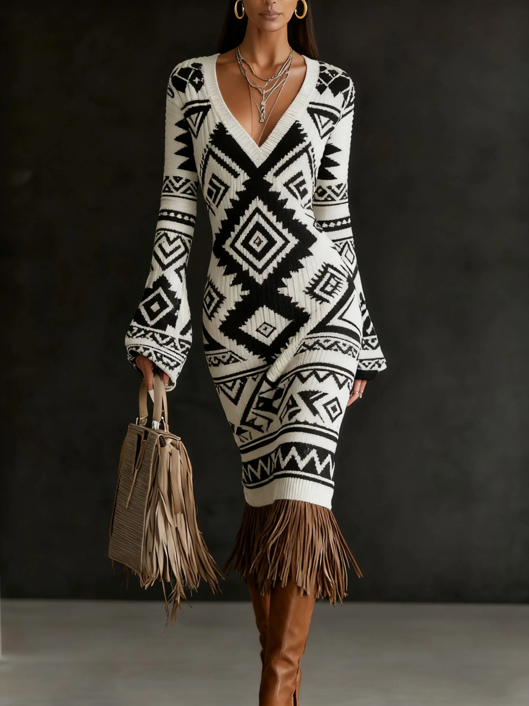 Lantern Sleeve Printed Tassel Maxi Dress