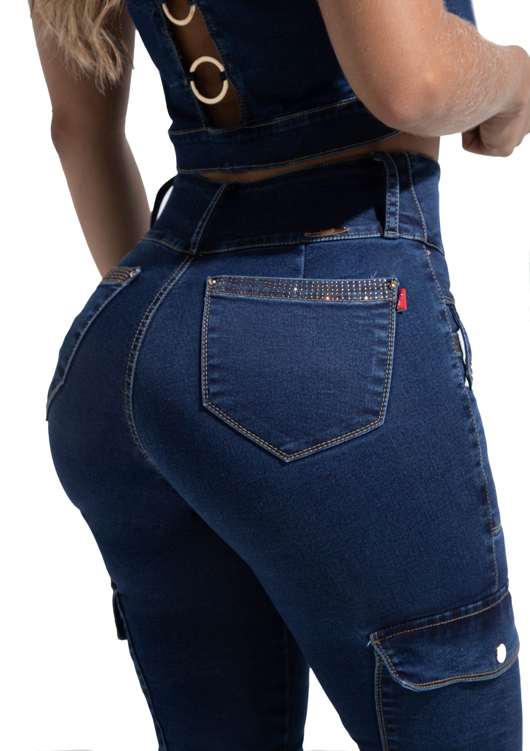 Hot rhinestone sleeveless denim top & Butt Lift Jeans Set