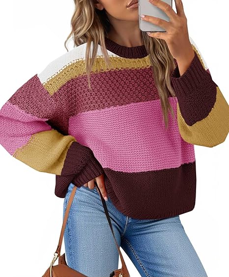 Womens Color Block Cropped  Striped Sweaters