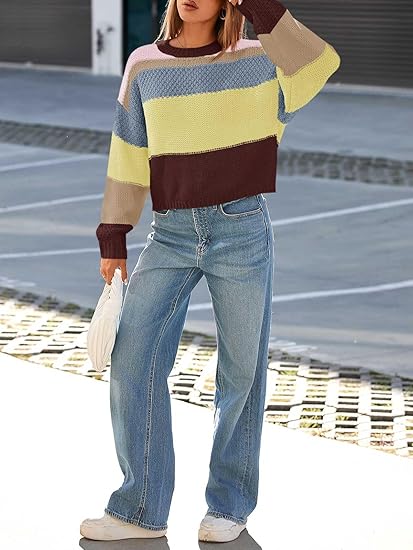 Womens Color Block Cropped  Striped Sweaters