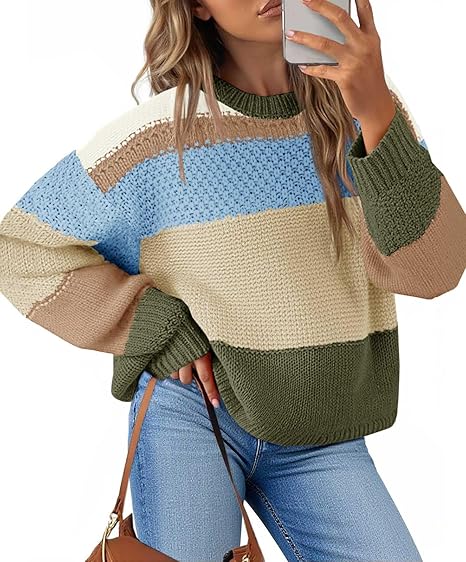 Womens Color Block Cropped  Striped Sweaters