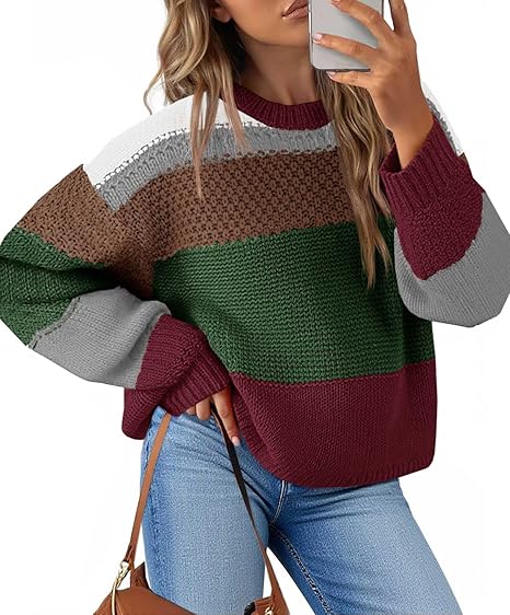Womens Color Block Cropped  Striped Sweaters